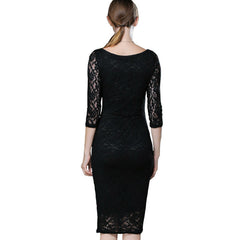 Floral Lace 3/4 Sleeve Round-Neck Knee-Length Cocktail Bandage Dress