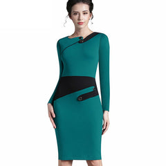 Patchwork Sheath Buttons Long-Sleeve Round-Neck Day-Out Bandage Dress