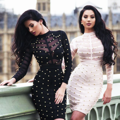 Studded Mesh Nail-Beaded Long-Sleeve Round-Neck Cocktail Bandage Dress