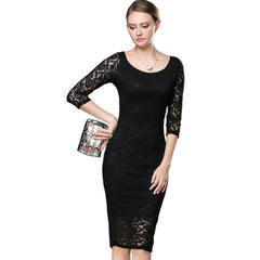 Floral Lace 3/4 Sleeve Round-Neck Knee-Length Cocktail Bandage Dress