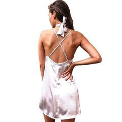 Deep V-Neck Crisscross Open Back A-Line Silk Satin Sexy Bandage Dress