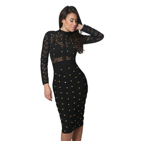 Studded Mesh Nail-Beaded Long-Sleeve Round-Neck Cocktail Bandage Dress