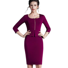 Front-Zipper 3/4-Sleeve U-Neck Knee-Length Pencil Day-Out Bandage Dress