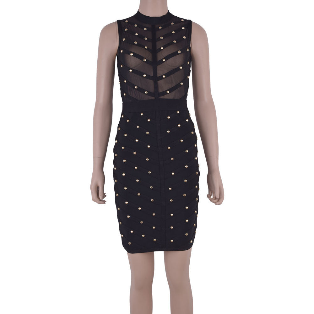 Studded Mesh Nail-Beaded Sleeveless Round-Neck Cocktail Bandage Dress Dresskick Fashion Store Studded Mesh Nail-Beaded Sleeveless Round-Neck Cocktail Bandage Dress Dresskick Fashion Store