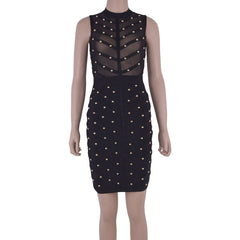 Studded Mesh Nail-Beaded Sleeveless Round-Neck Cocktail Bandage Dress