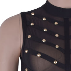 Studded Mesh Nail-Beaded Sleeveless Round-Neck Cocktail Bandage Dress