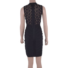 Studded Mesh Nail-Beaded Sleeveless Round-Neck Cocktail Bandage Dress