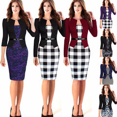 Faux Jacket Brief Elegant Patterns Work 3/4 Sleeve Bandage Dress