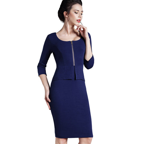 Front-Zipper 3/4-Sleeve U-Neck Knee-Length Pencil Day-Out Bandage Dress
