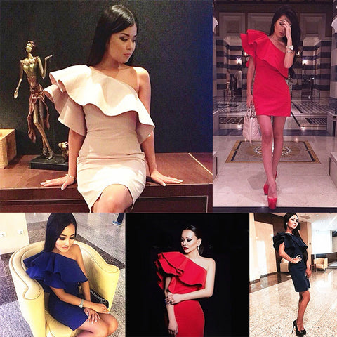 Ruffles One Shoulder Sleeveless Mini Party Bodycon Bandage Dress