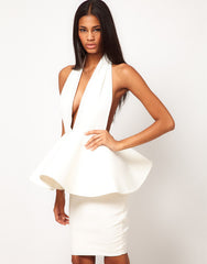 2015 Luxury Sexy Halter Ruffles Peplum Backless White Bandage Dress Size S,M,L,XL