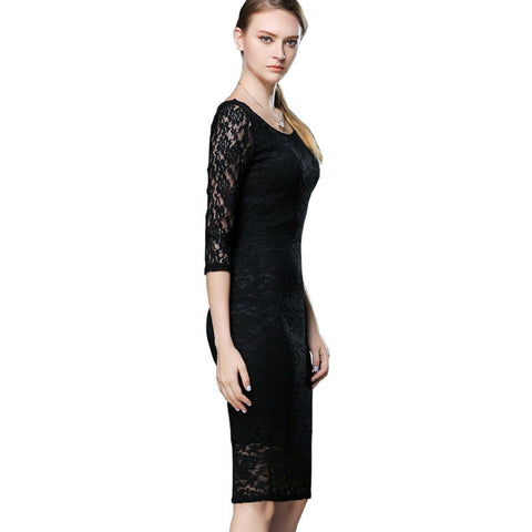 Floral Lace 3/4 Sleeve Round-Neck Knee-Length Cocktail Bandage Dress