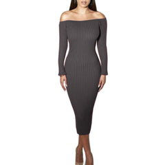 Long-Sleeve Off-The-Shoulder Slash Neck Sexy Knitted Bandage Dress