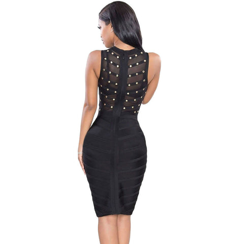 Studded Mesh Nail-Beaded Sleeveless Round-Neck Cocktail Bandage Dress