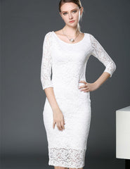 Floral Lace 3/4 Sleeve Round-Neck Knee-Length Cocktail Bandage Dress