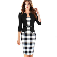 Faux Jacket Brief Elegant Patterns Work 3/4 Sleeve Bandage Dress