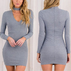 Halter V-Neck Long Sleeve Knitted Slim Party Winter Bandage Dresses