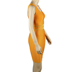 'Jessica Burciaga' Sleeveless Orange Mesh Celebrity Bandage Dress