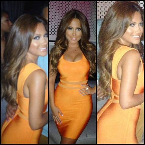 'Jessica Burciaga' Sleeveless Orange Mesh Celebrity Bandage Dress