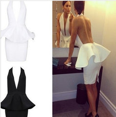 2015 Luxury Sexy Halter Ruffles Peplum Backless White Bandage Dress Size S,M,L,XL