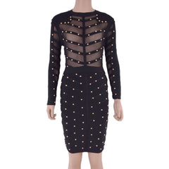 Studded Mesh Nail-Beaded Long-Sleeve Round-Neck Cocktail Bandage Dress