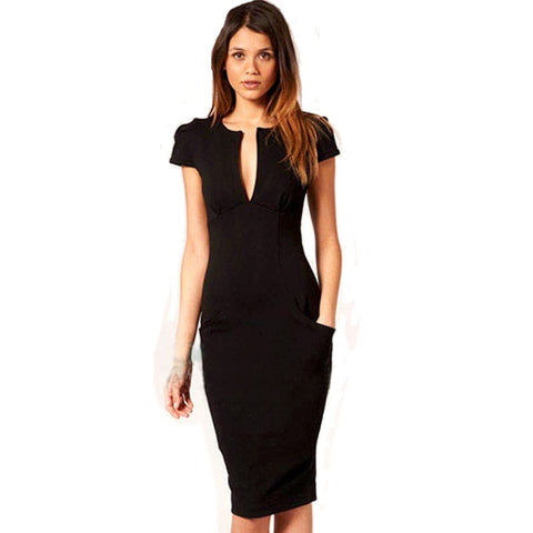 V-Neck Short-Sleeve Knee-Length Celebrity Style Bodycon Bandage Dress