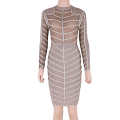 Studded Mesh Nail-Beaded Long-Sleeve Round-Neck Cocktail Bandage Dress