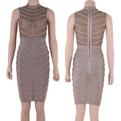 Studded Mesh Nail-Beaded Sleeveless Round-Neck Cocktail Bandage Dress