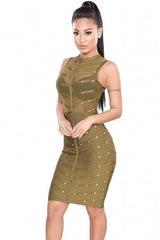 Studded Mesh Nail-Beaded Sleeveless Round-Neck Cocktail Bandage Dress