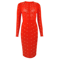 Studded Mesh Nail-Beaded Long-Sleeve Round-Neck Cocktail Bandage Dress