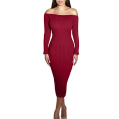 Long-Sleeve Off-The-Shoulder Slash Neck Sexy Knitted Bandage Dress