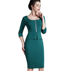 Front-Zipper 3/4-Sleeve U-Neck Knee-Length Pencil Day-Out Bandage Dress