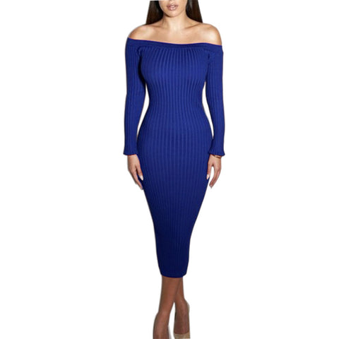 Long-Sleeve Off-The-Shoulder Slash Neck Sexy Knitted Bandage Dress