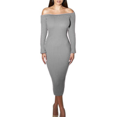 Long-Sleeve Off-The-Shoulder Slash Neck Sexy Knitted Bandage Dress